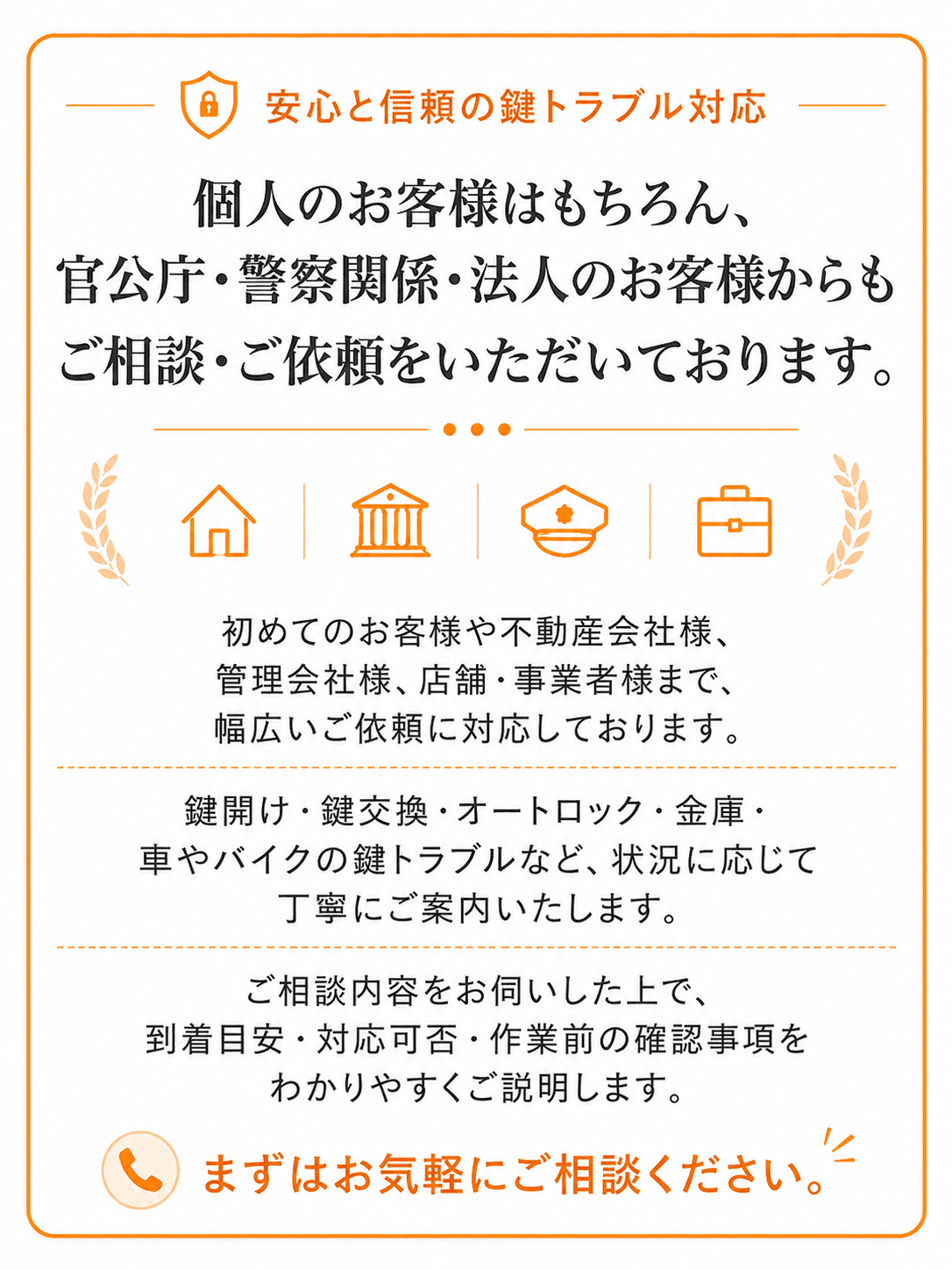個人のお客様はもちろん、官公庁・警察関係・法人のお客様からもご相談いただいております